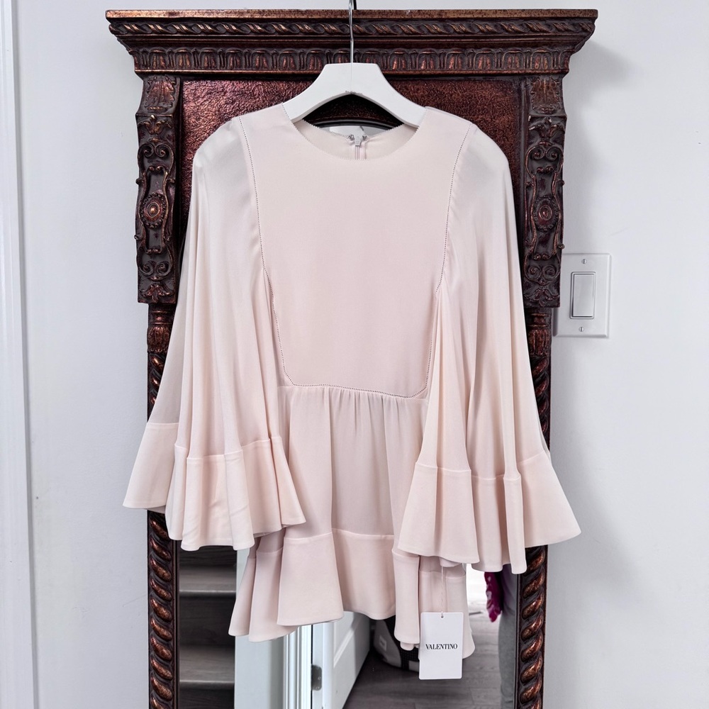 Valentino Silk Crew Neck Blouse NWT us8 Neutral Raw Hem Edge Dramatic Sleeves